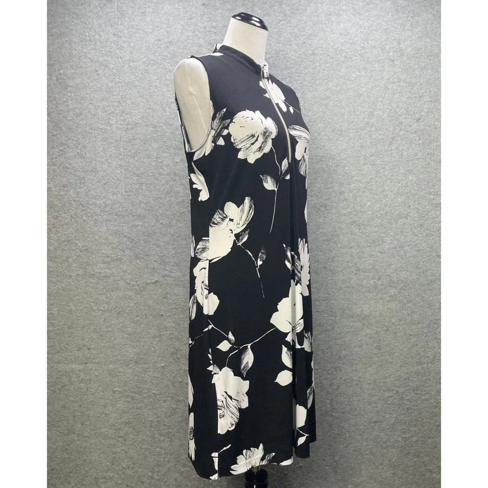 White House Black Market Floral Dress L Blk/Wht V Neck Stretch Midi Sleeveless